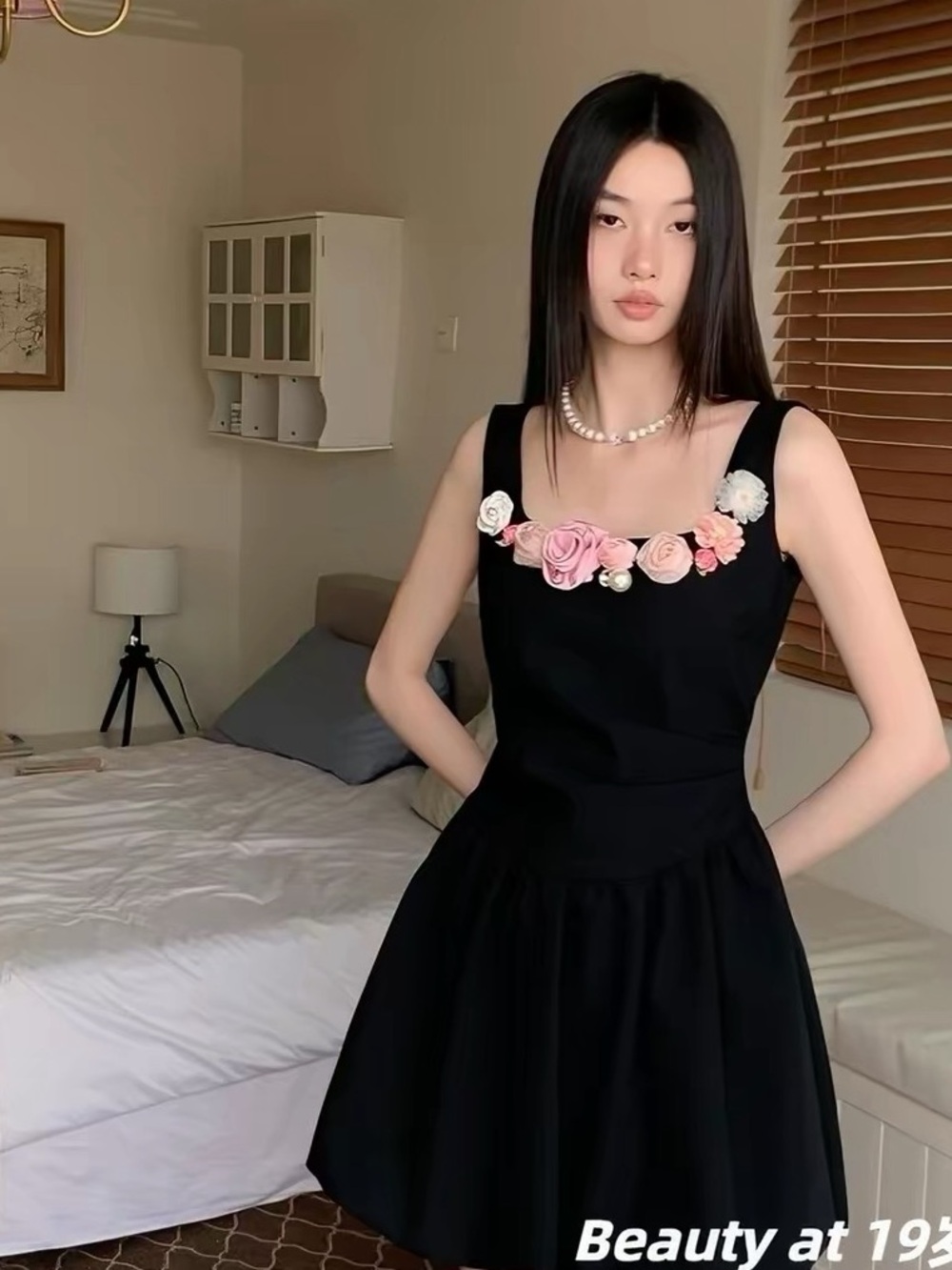 Black Floral-Appliqué Sleeveless Mini Dress